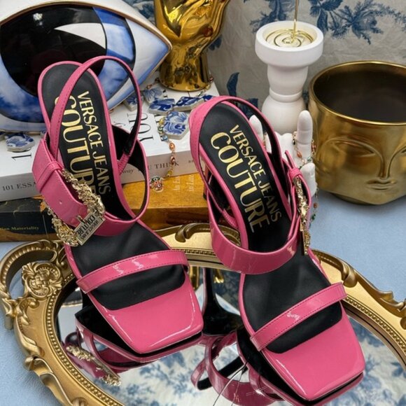 🆕 VERSACE JEANS COUTURE 🧿 NWOB Pink Buckle-Fastening Heeled Sandals Sz 37 US 7 - Picture 4 of 13